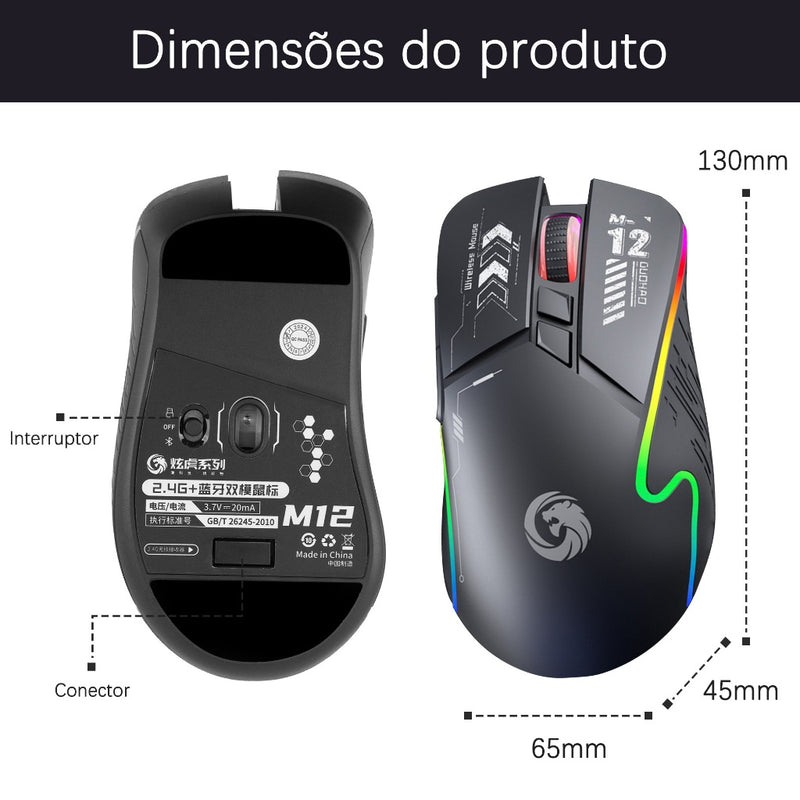 Mouse Sem Fio Recarregável Bluetooth com LED RGB