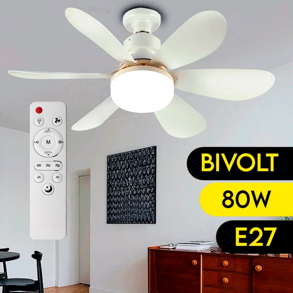 Ventilador Teto Com Luz 80W Integrada Silencioso Branco 6 Pás