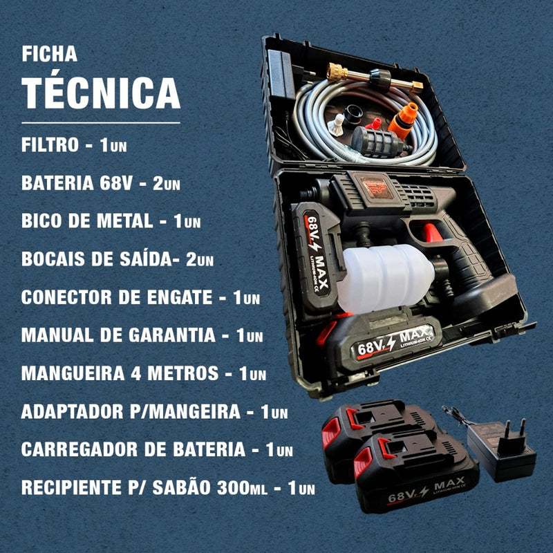Lavadora Portátil de Alta Pressão 68V + 2 Baterias